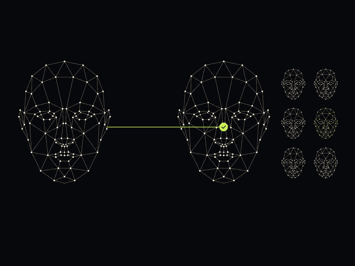 Two face meshes compared with a match line, beside a grid of candidate faces with one highlighted