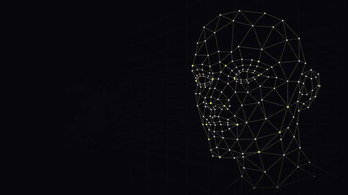 Low-poly face-landmark mesh of a head in profile, with highlighted detection points