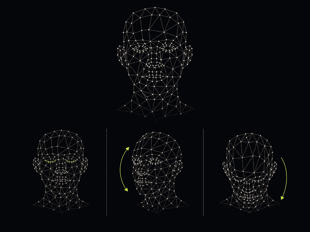 A face mesh with three challenge states below it: blink, turn, and nod